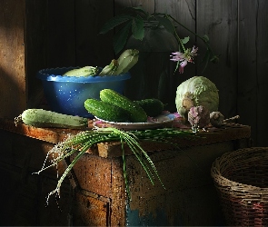 Ogórki, Kosz, Cukinia, Szczypiorek, Kapusta