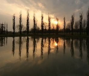 Odbicie, Jezioro, Chmury, Drzewa