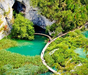 Woda, Plitvice, Park, Pomost, Ludzie