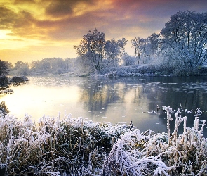Jezioro, Słońca, Zima, Zachód