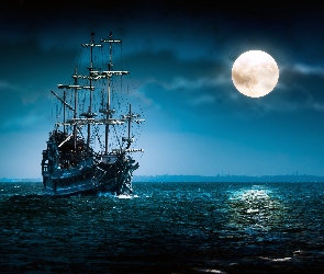 Statek, Księżyc, Morze