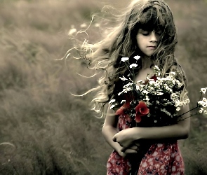 Dziewczynka, Kwiaty, Bukiet