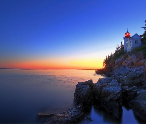 Latarnia Morska, Maine, Morze, Zachód Słońca, Skały