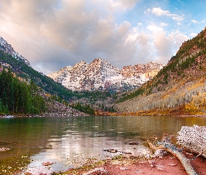 Góry, Colorado, Drzewa, Iglaki, Jezioro