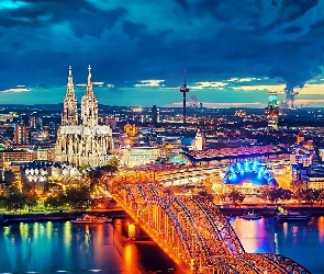 Rzeka, Niemcy, Kolonia, Panorama, Most