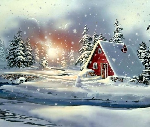 Domek, Śnieg, Sceneria, Zimowa
