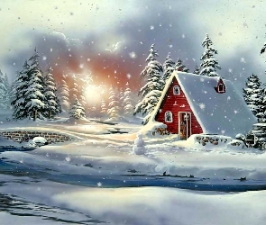 Śnieg, Sceneria, Domek, Zimowa
