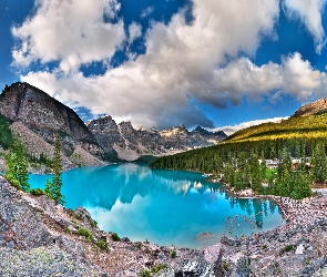 Jezioro, Morenowe, Kanada, Góry, Chmury, Lasy