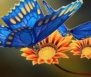 Niebieskie, Kwiaty, Motyle