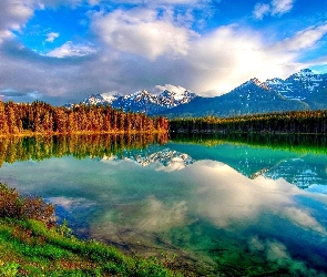 Jezioro, Lasy, Góry, Chmury