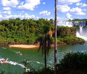 Wodospady, Chmury, Łódki, Drzewa, Iguazu