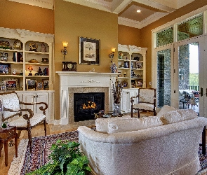 Sofa, Fotele, Salon, Kanapa, Okno, Kominek, Widok, Taras