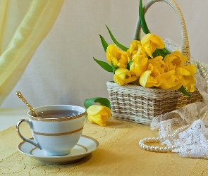 Żółtych, Herbaty, Filiżanka, Tulipanów, Kosz