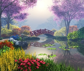 Kwiaty, Rzeka, Park, Mostek