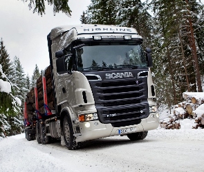 Scania R730, Śnieg, Drewno, Ciężarówka