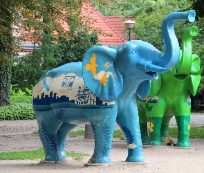 Niebieski, Rzeźba, Słoń, Zielony
