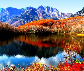 Góry, Jesień, Drzewa, Jezioro, Kolorowe