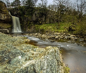 Rzeka, Drzewa, Kamienie, Wodospad