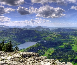 Góry, Panorama, Farmy, Pola, Rzeka