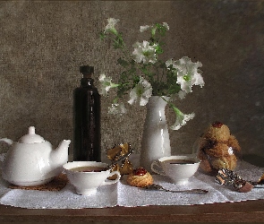 Białe, Herbatka, Ciasteczka, Kwiaty