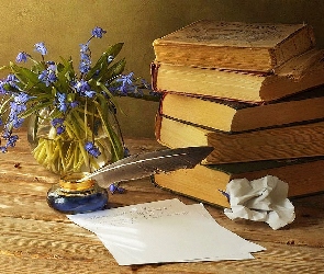 Książki, Kwiatki, Pióro, Wazonik, Kałamarz