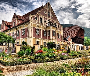 Dom, Niebo, Ogródek, Kwiecisty, Ładny