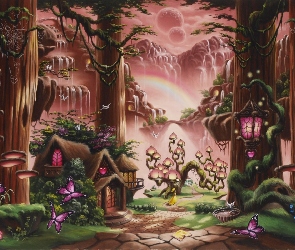 Domy, Droga, Kraina, Fantasy, Góry, Las