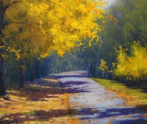 Obraz, Drzewa, Żółte, Droga