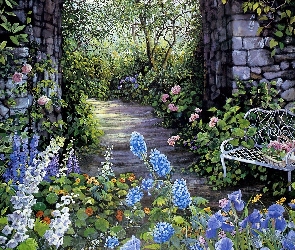 Ogród, Ławka, Kwiaty