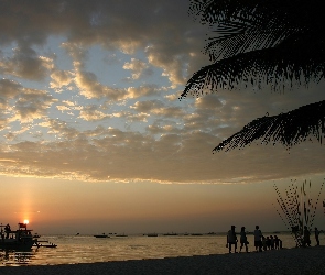 Morze, Zachód Słońca, Ludzie, Plaża