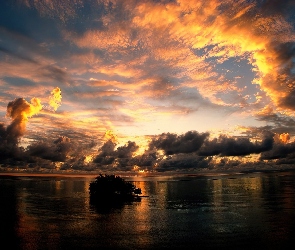 Ocean, Wysepka, Tahiti, Zachód, Słońca, Chmury