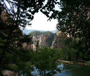 Drzewa, Ławka, Mostek, Góry, Staw