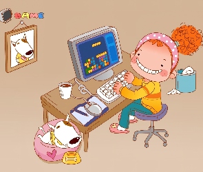 Dziecko, Gra, Komputer, Pies