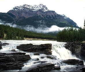 Góry, Drzewa, Kanada, Wodospad