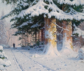 Obraz, Myśliwy, Las, Zima