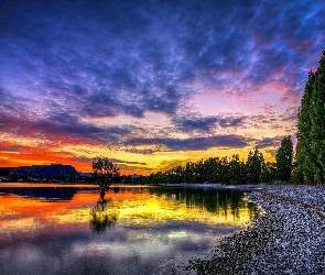 Słońca, Zachód, Jezioro, Las