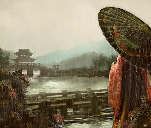 Obraz, Japoński, Parasol, Deszcz, Kobieta, Domek