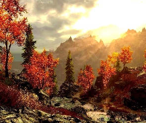 Promienie, Jesień, Skały, Drzewa, Słońca