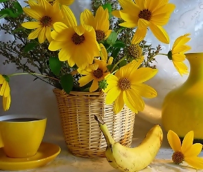 Żółta, Kwiaty, Koszyk, Żółte, Porcelana