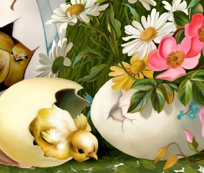 Wielkanoc, Kwiaty, Kurczaki