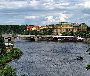 Zabytki, Domy, Wełtawa, Praga, Most, Łódka