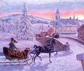 Malarstwo, Kościół, Zima, Sanie