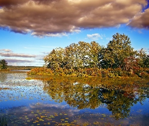 Jezioro, Jesień, Chmury, Drzewa