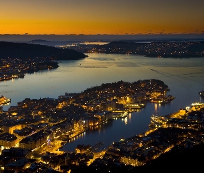 Bergen, Zatoka, Panorama, Miasto, Noc