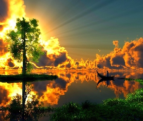 Jezioro, Słońca, Promienie, Chmury