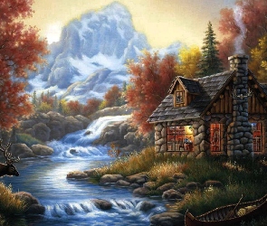 Kamienie, Góry, Kaskady, Domek, Wody, Drzewa