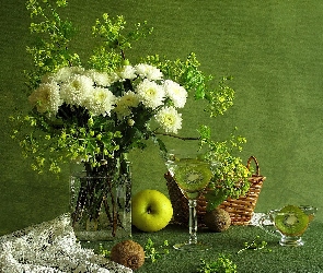 Chryzantemy, Kiwi, Jabłko, Kompozycja, Bukiet kwiatów