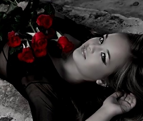 Kobieta, Róże, Czerwone, Spojrzenie