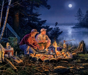 Ognisko, Mężczyźni, Las, Jezioro