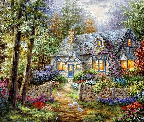 Ogród, Nicky Boehme, Obraz, Kwiaty, Dom